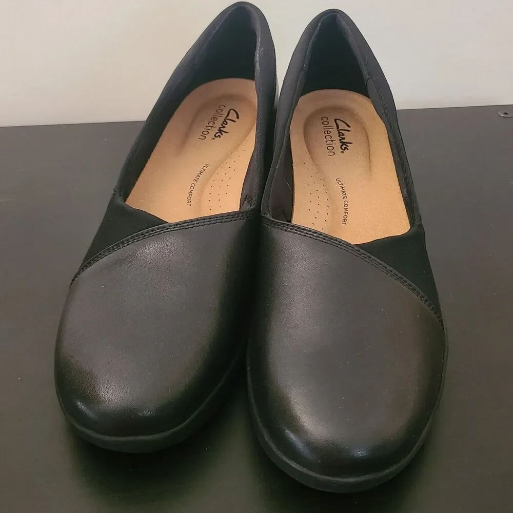 Clarks Women's Suttyn Walk Leather Wedges Black Leather Sz 9.5 New Nwob - Picture 2 of 7